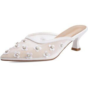 🆕Women White Mesh Kitten Heels Crystal Flower Mules Pointed Toe Casual Pumps